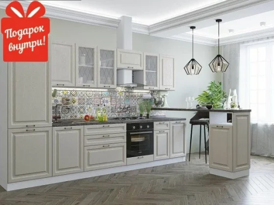Готовый кухонный гарнитур кухня Ницца-02 со столешницей 2140*3300*600 Дуб крем